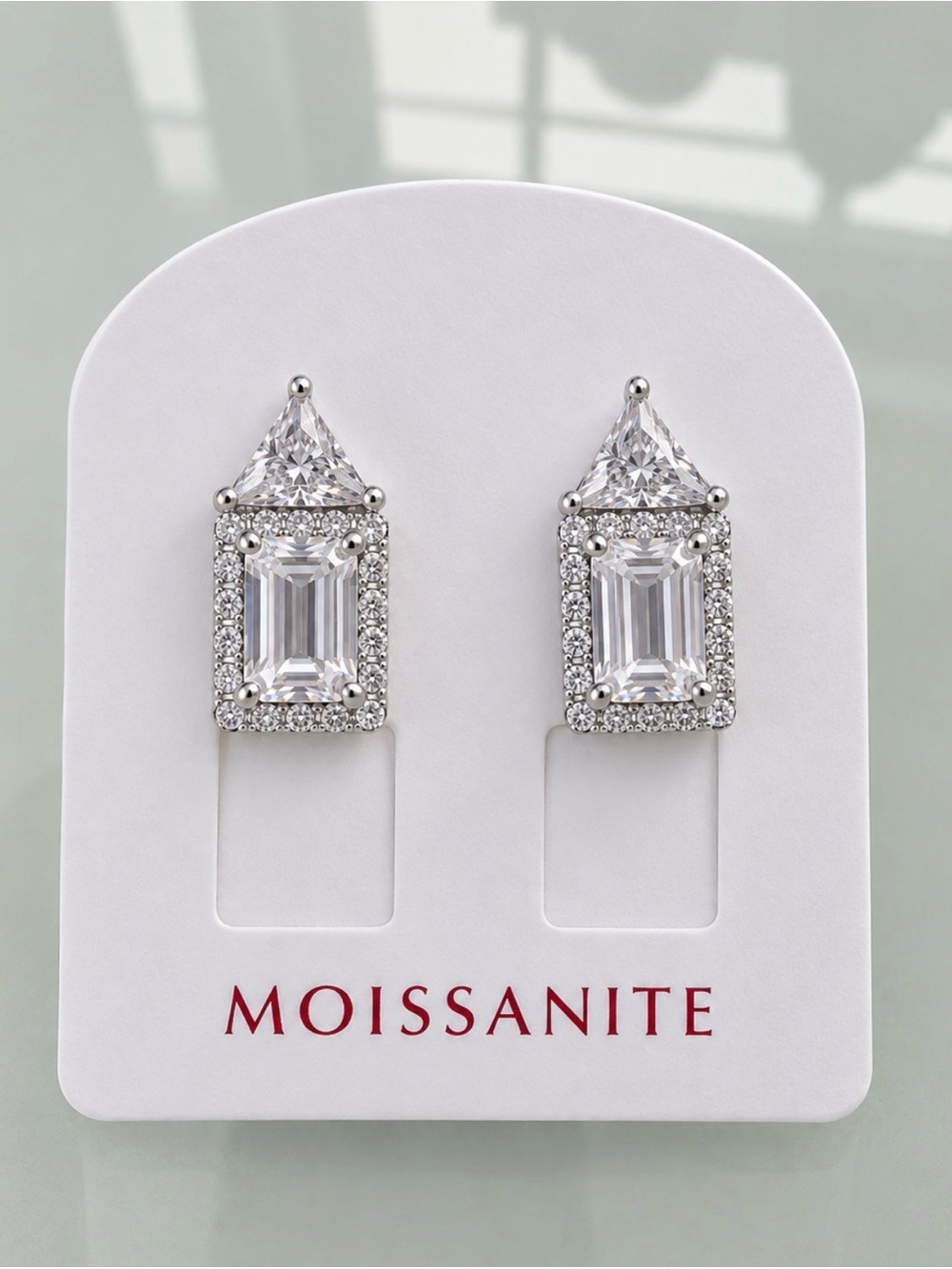 Moissanite Emerald Cut Halo Drop Earrings sterling silver